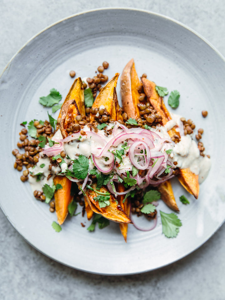 ROASTED SWEET POTATOES, SPICED LENTILS & CREAMY CASHEW LIME SAUCE
