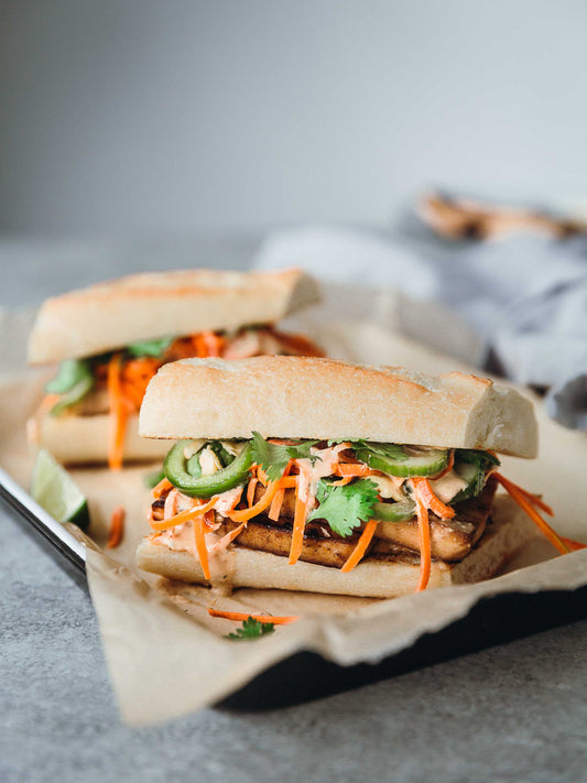 BANH MI STYLE GRILLED TOFU SANDWICH WITH PEANUT BUTTER SAUCE