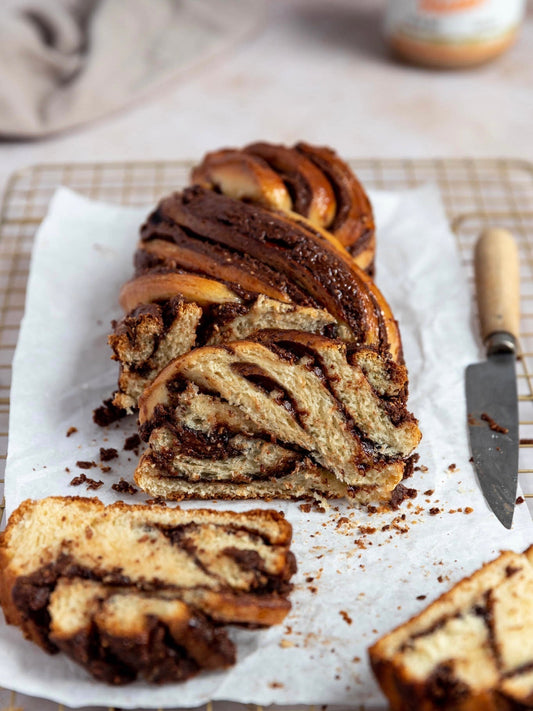 Chocolate peanut butter babka with swirled filling