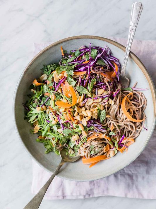 Soba noodle salad with vegetables and creamy peanut sauce