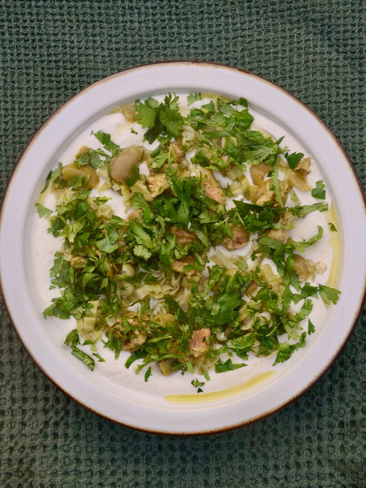 COTTAGE CHEESE & CASHEW BUTTER DIP WITH SMASHED OLIVES & PEPPERONCINI