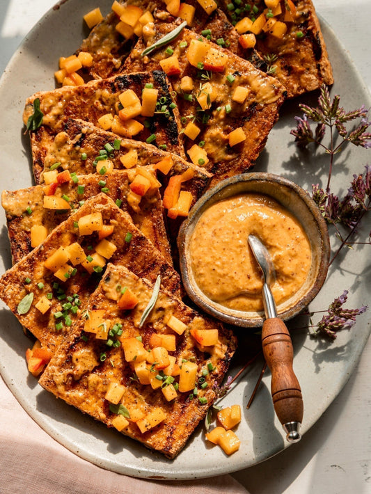Grilled tofu with peach almond butter miso sauce